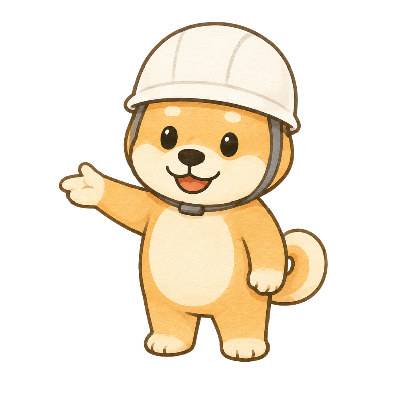 笑顔で案内するワンコキャラクター