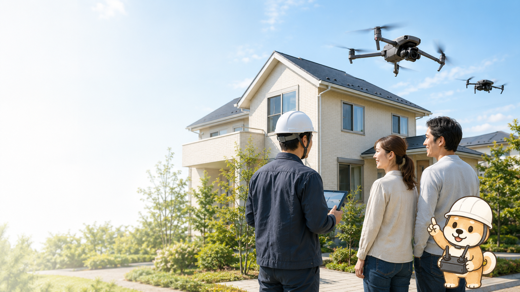 日本の住宅街でドローンを使って屋根と外壁を調査している様子