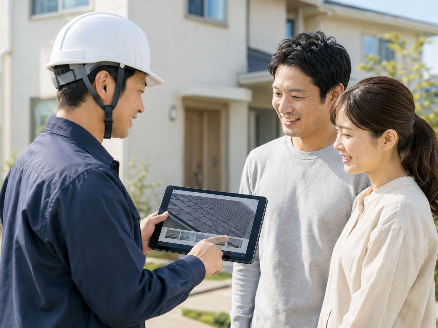 タブレットで屋根の撮影画像を確認する様子